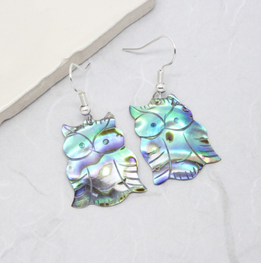 Beautiful Vintage Real Abalone Shell Owl Bird Dangle Earrings