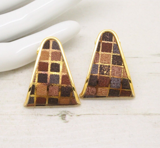 Vintage 1980s Brown Faux Leather Gold Plated Curved Clip On Earrings
