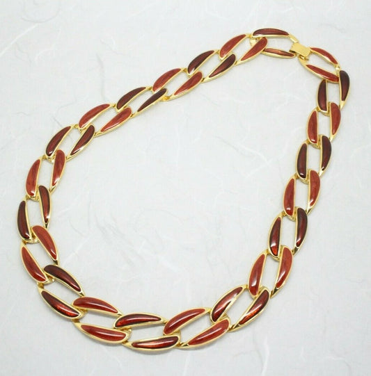 Stylish Vintage Glossy Brown Enamel Gold Plated Collar Link Necklace