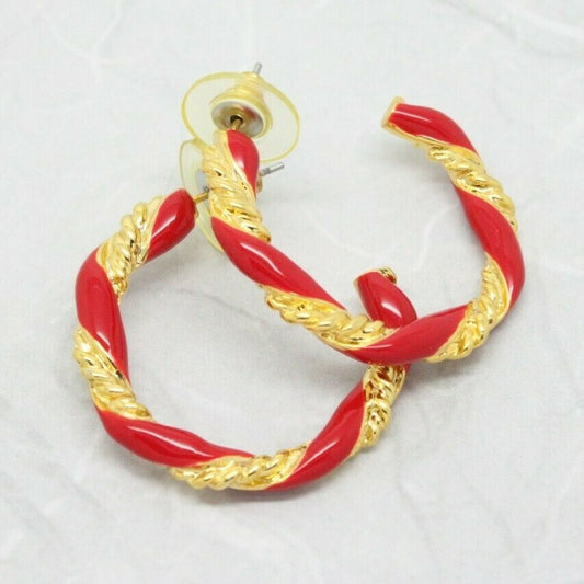Vintage 1980s Gold Plated Rope and Red Enamel Hoop Earrings
