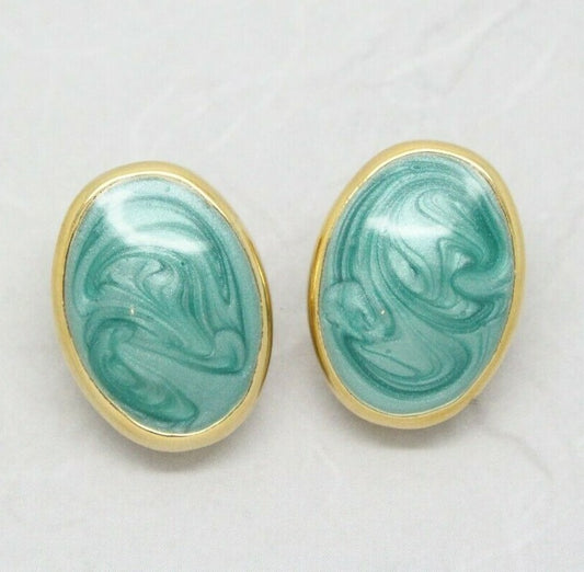 Vintage 1980s Oval Satin Blue Enamel Gold Plated Clip On Earrings