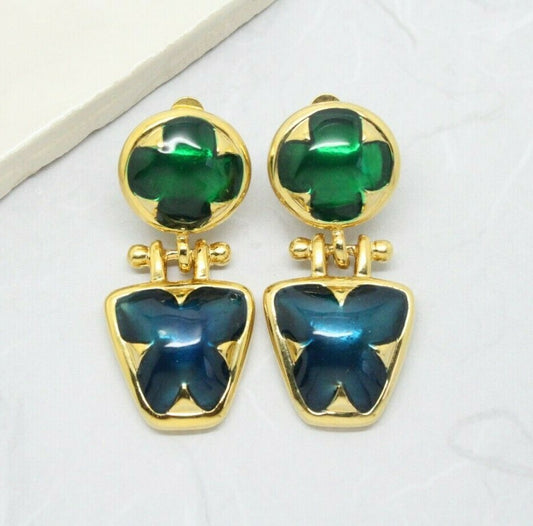 Vintage 1970s Gold Plated Enamel Clip-On Drop Earrings Gold/Multi Green Blue