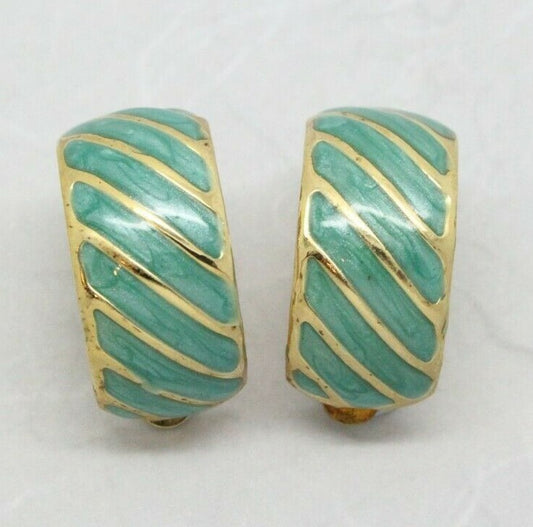 1980s Vintage Enamel Half Hoop Gold Plated Clip On Earrings