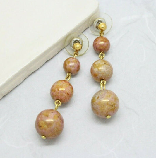 Stunning Vintage Gold Marble Glass Bead Drop Earrings