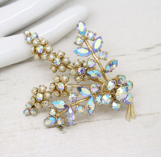 Vintage 1950s Faceted Blue Rhinestone & Seed Pearl Cluster Brooch