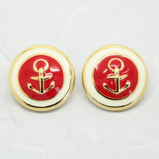 Stunning Vintage 1980s Red Enamel Gold Plated Anchor Stud Earrings