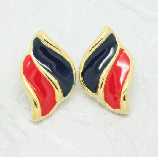 Stylish Vintage 1980s Enamel Flourish Gold Plated Earrings