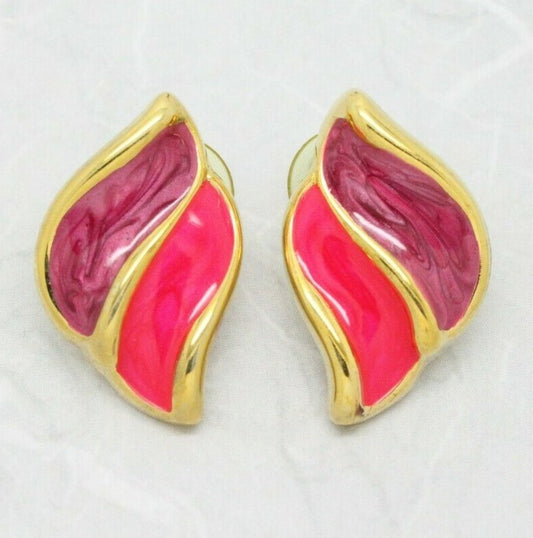 Beautiful Vintage 1980s Pink Enamel Gold Plated Earrings