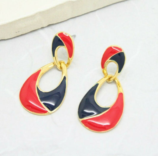 Vintage 1980s Gold Plated Blue and Red Enamel Stud Drop Earrings