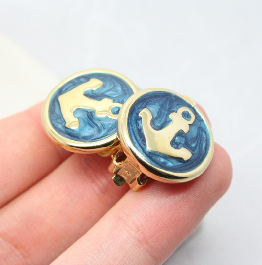 Vintage 1980s Blue Enamel Gold Plated Cruise Anchor Clip On Earrings