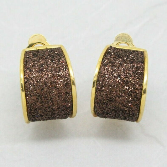 Stylish 1980s Vintage Sparkly Brown Gold Half Hoop Clip On Earrings