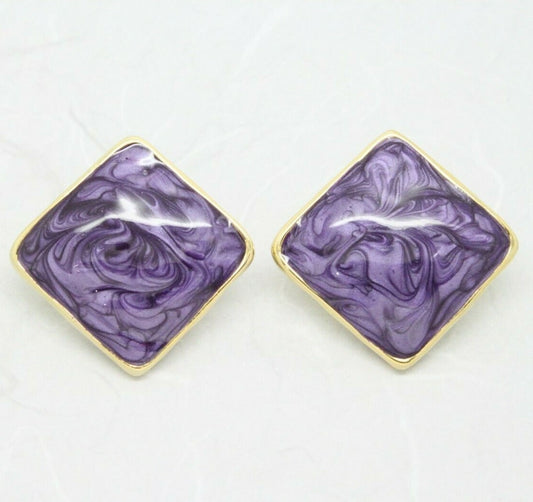 Statement Vintage 1980s Gold Plated Square Purple Enamel Earrings
